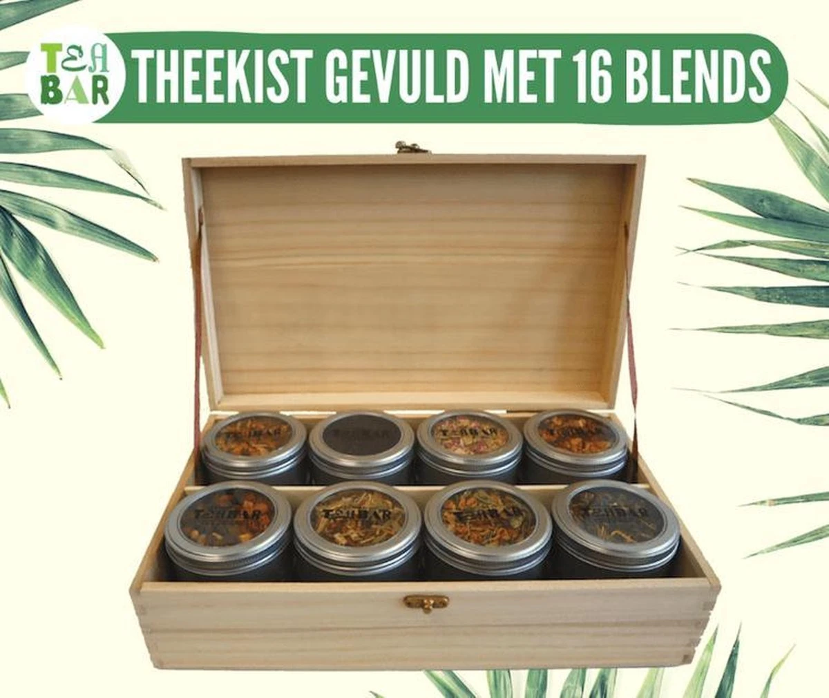 Houten Theekist Gevulde Theedoos Met 16 Blikjes Tea Bar Thee Theecadeau - Losse Thee G - 50 Koppen Per 100 Gram 5 Houten Theekist Gevulde Theedoos Met 16 Blikjes Tea Bar Thee Theecadeau - Losse Thee G - 50 Koppen Per 100 Gram - Afbeelding 3