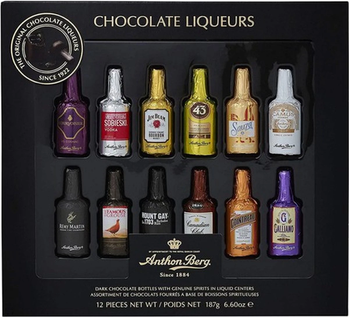 Anthon Berg - 12 Pure Chocoladeflesje Met Likeur - Cadeau - Netto 187 Gram - Whiskey - Cognag - Verwenbox 2 Anthon Berg - 12 Pure Chocoladeflesje Met Likeur - Cadeau - Netto 187 Gram - Whiskey - Cognag - Verwenbox