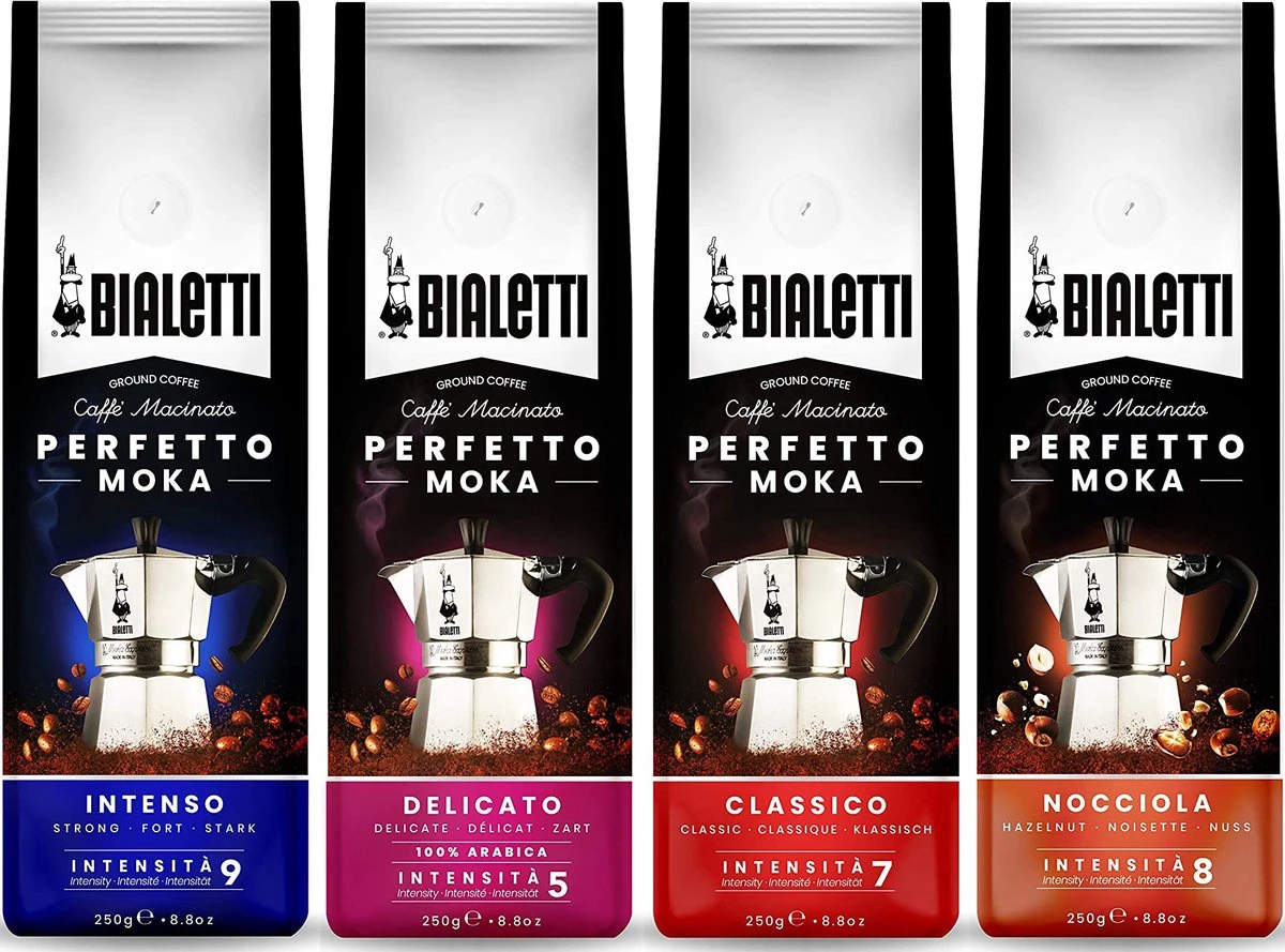 Bialetti Perfetto Moka Gemalen Koffie Proefpakket - 4 X 250 Gram - Classico, Intenso, Delicato En Nocciola 3 Bialetti Perfetto Moka Gemalen Koffie Proefpakket - 4 X 250 Gram - Classico, Intenso, Delicato En Nocciola
