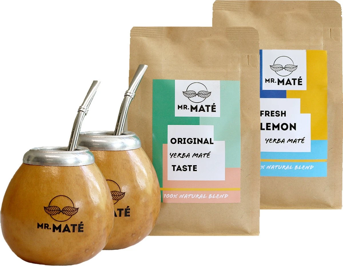 Yerba Mate Starterspakket Duo - 2x Traditionele Kalebas - 2x Bombilla - 1x Original & 1x Munt-Citroen Yerba Maté 3 Yerba Mate Starterspakket Duo - 2x Traditionele Kalebas - 2x Bombilla - 1x Original & 1x Munt-Citroen Yerba Maté